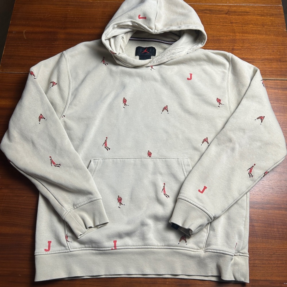 Jordan Brand Mens All Over Print Embroidered Jumpman Hoodie Cream Tan Medium